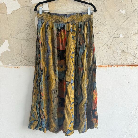 Vintage 90s Midi Skirt Crinkle Rayon Boho Abstract Art Teacher USA Made Size 14 - Picture 6 of 10
